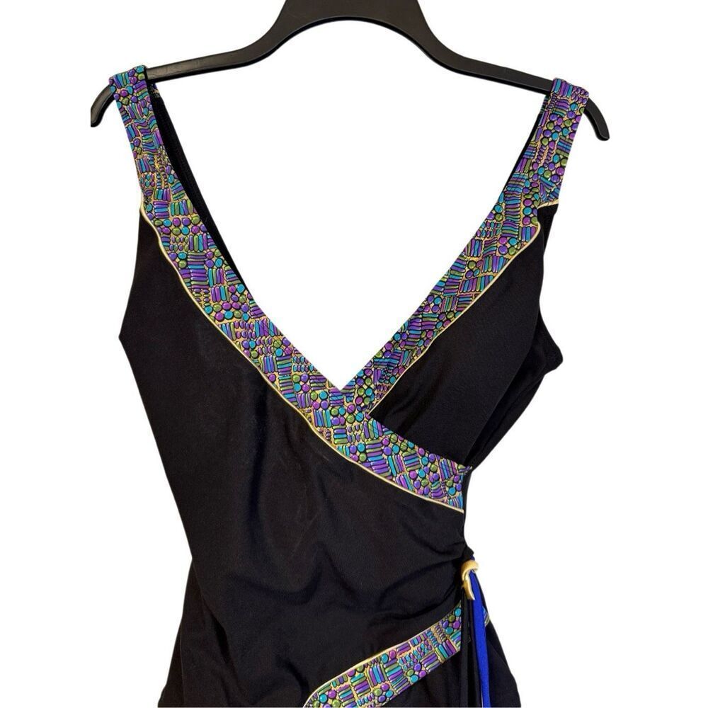 Longitude Black/Multi Wrap Look V-Neck Swimsuit Sz. 12 Flattering Wrap Look - Picture 2 of 7